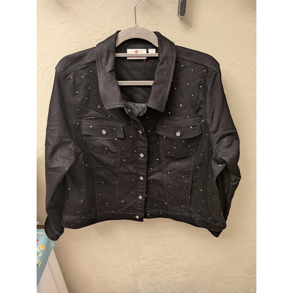Quacker Factory Black Denim Jacket Embroidered Cats Rhinestone Buttons XL